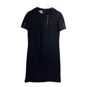 Vintage 60s Leslie Faye S M Black 100% Wool Shift Dress Rhinestone Buttons